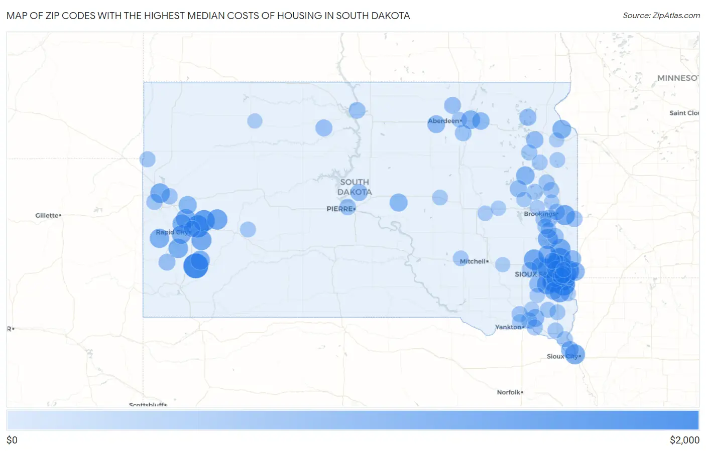 Zip Codes with the Highest Median Costs of Housing in South Dakota Map