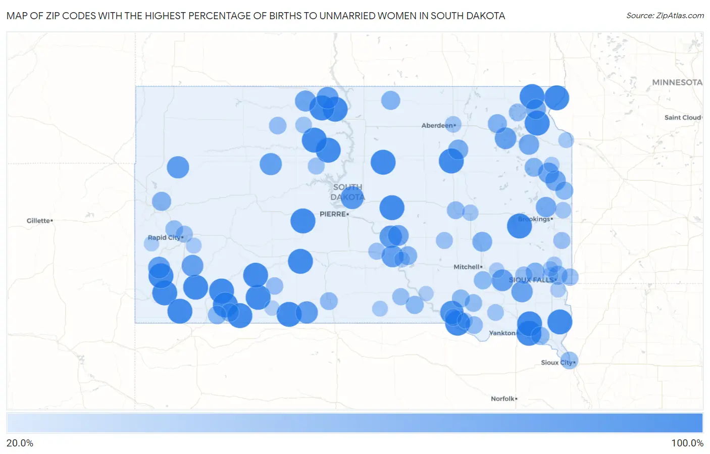 Zip Codes with the Highest Percentage of Births to Unmarried Women in South Dakota Map