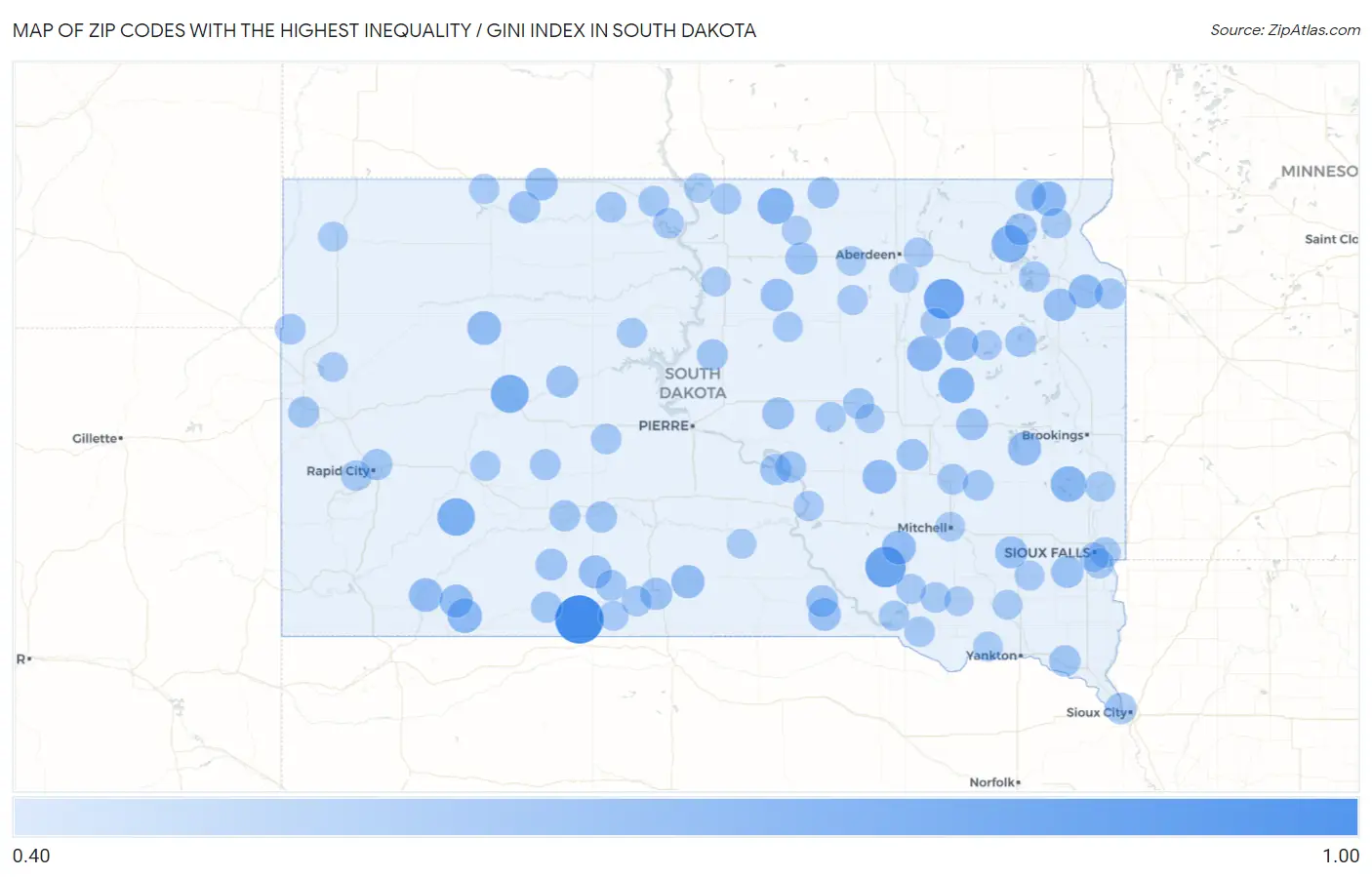 Zip Codes with the Highest Inequality / Gini Index in South Dakota Map