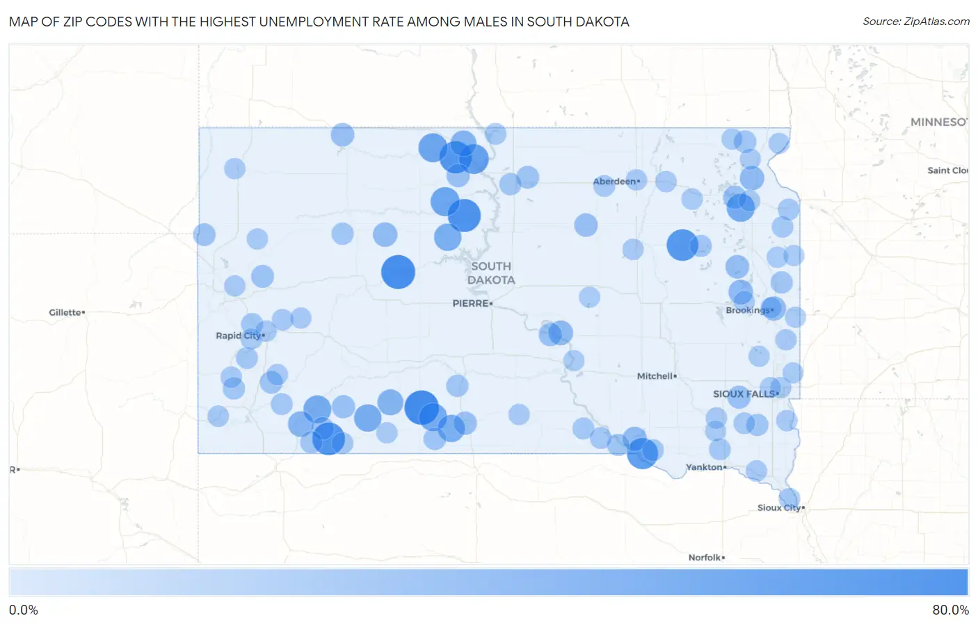 Zip Codes with the Highest Unemployment Rate Among Males in South Dakota Map