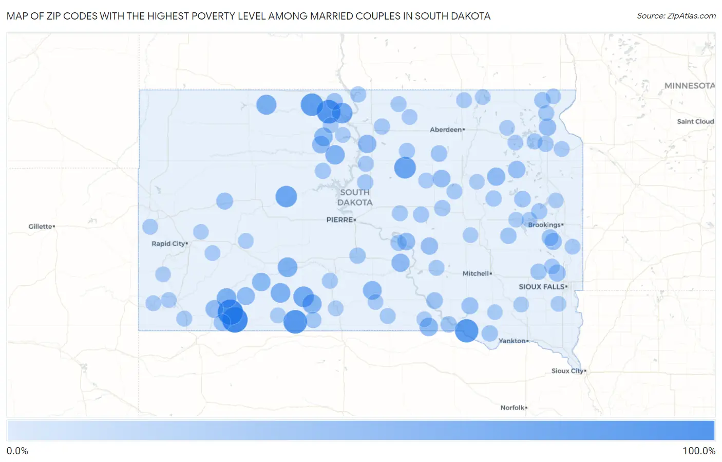 Zip Codes with the Highest Poverty Level Among Married Couples in South Dakota Map