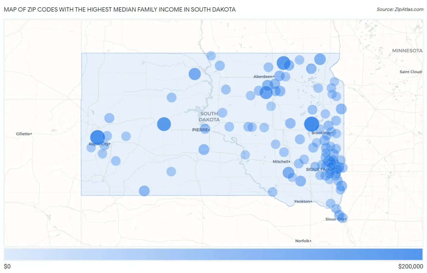 Zip Codes with the Highest Median Family Income in South Dakota Map