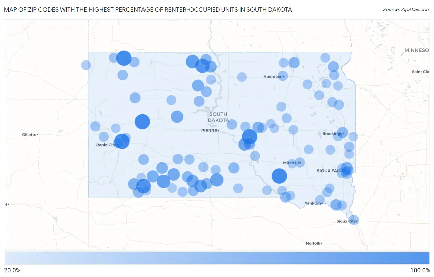 Zip Codes with the Highest Percentage of Renter-Occupied Units in South Dakota Map