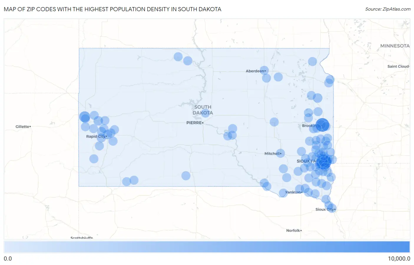 Zip Codes with the Highest Population Density in South Dakota Map