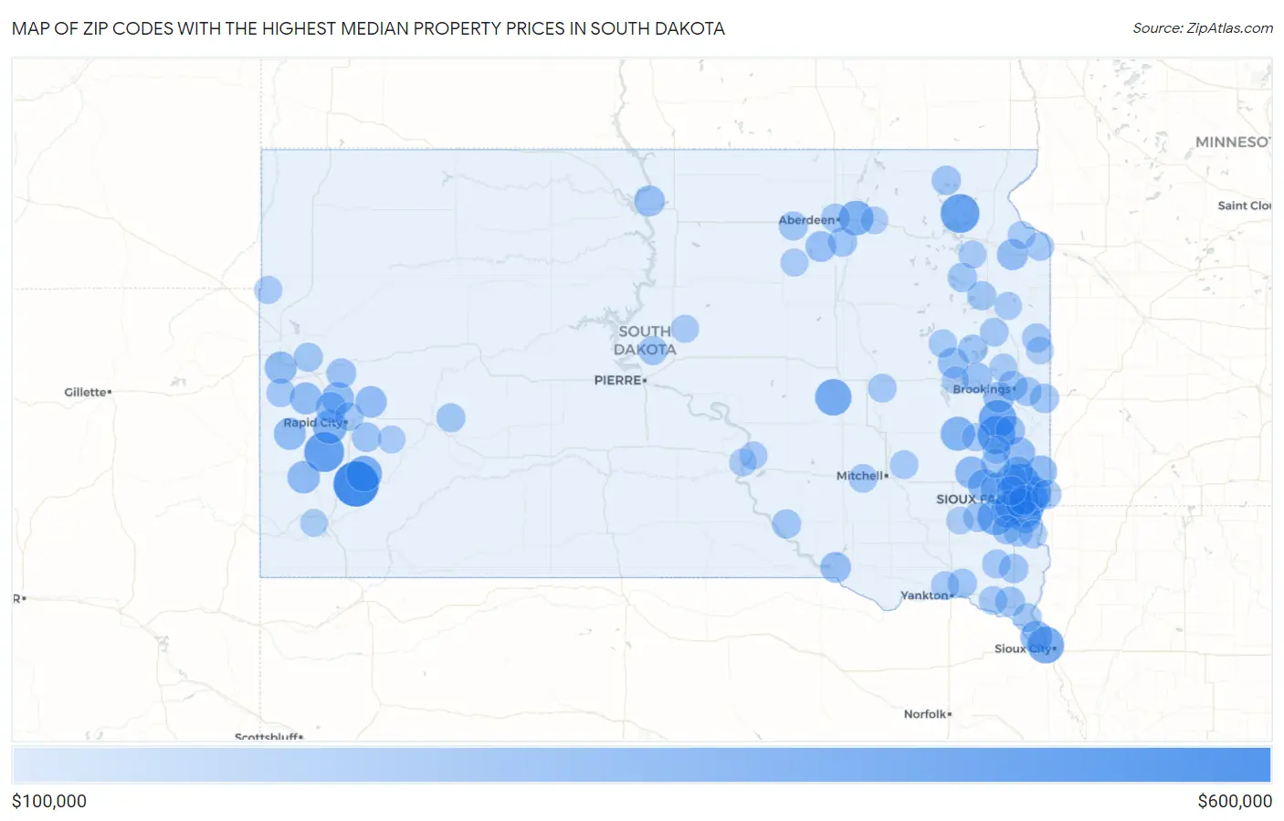 Zip Codes with the Highest Median Property Prices in South Dakota Map