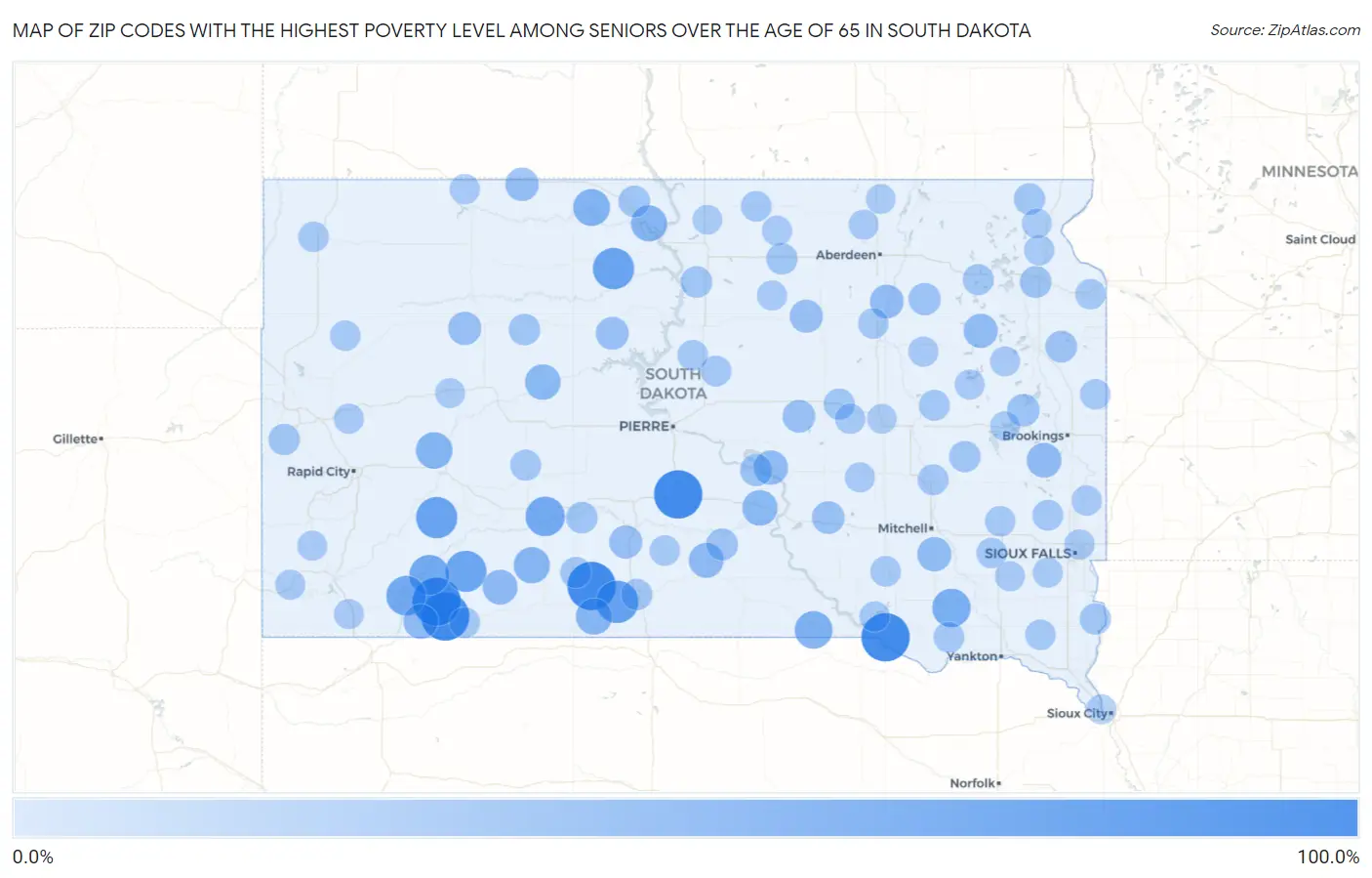 Zip Codes with the Highest Poverty Level Among Seniors Over the Age of 65 in South Dakota Map