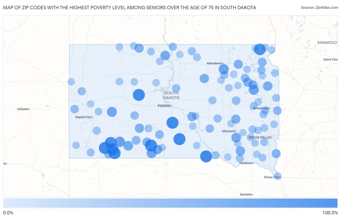 Zip Codes with the Highest Poverty Level Among Seniors Over the Age of 75 in South Dakota Map