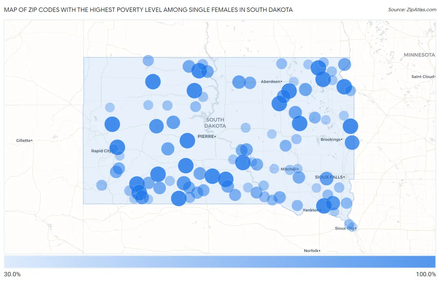 Zip Codes with the Highest Poverty Level Among Single Females in South Dakota Map