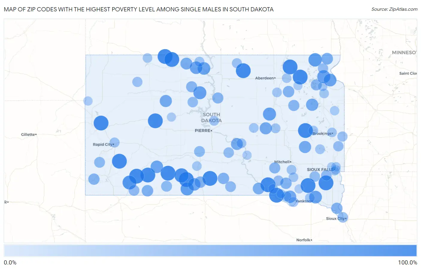 Zip Codes with the Highest Poverty Level Among Single Males in South Dakota Map