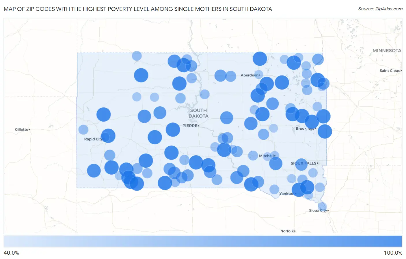 Zip Codes with the Highest Poverty Level Among Single Mothers in South Dakota Map