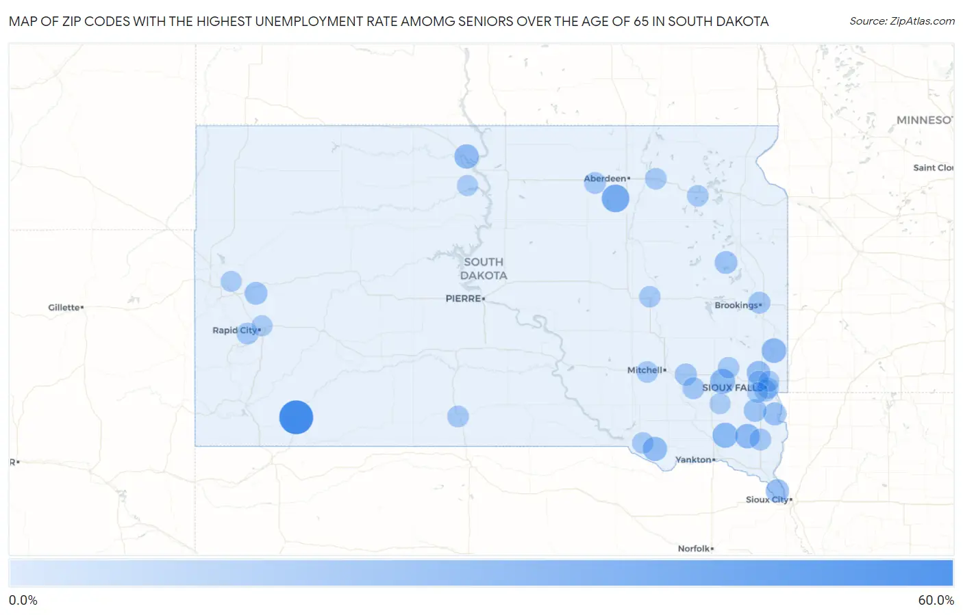 Zip Codes with the Highest Unemployment Rate Amomg Seniors Over the Age of 65 in South Dakota Map