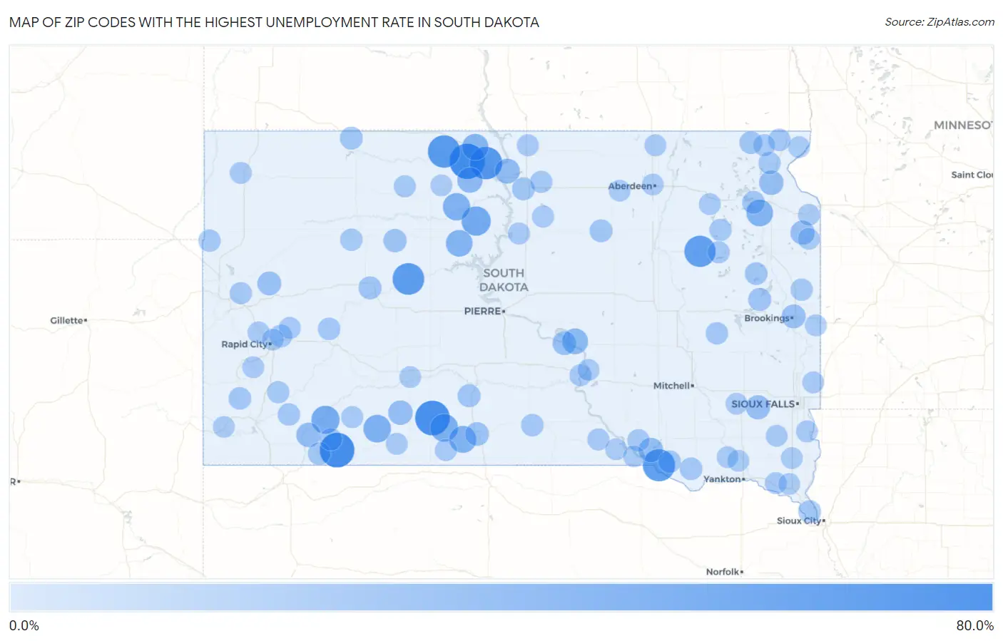 Zip Codes with the Highest Unemployment Rate in South Dakota Map