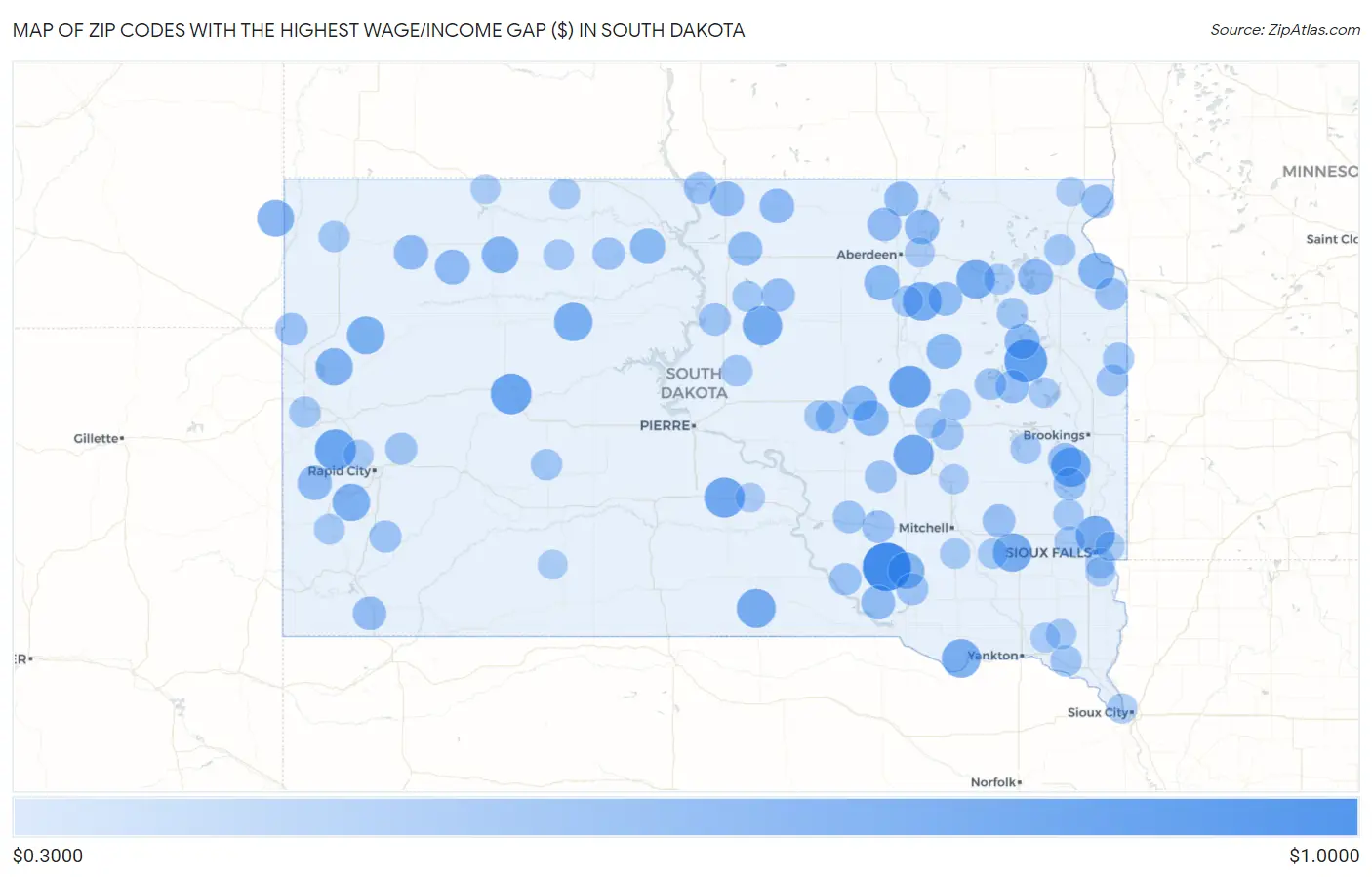 Zip Codes with the Highest Wage/Income Gap ($) in South Dakota Map