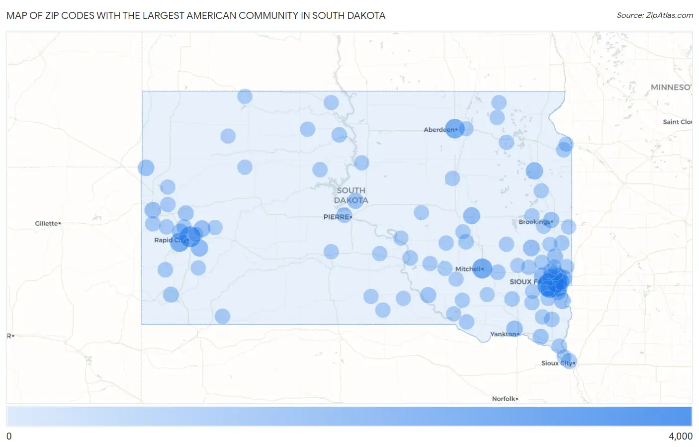 Zip Codes with the Largest American Community in South Dakota Map