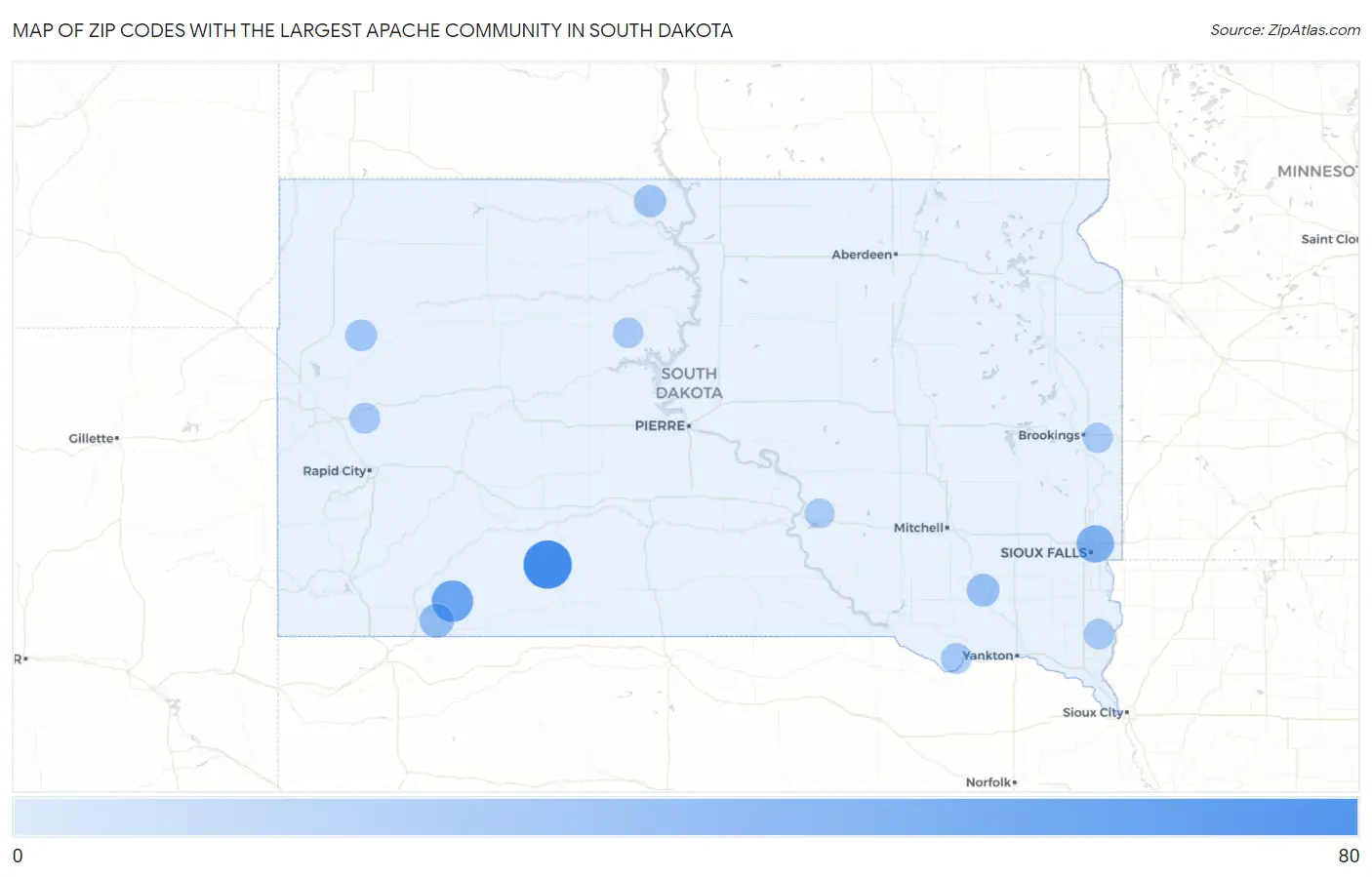 Zip Codes with the Largest Apache Community in South Dakota Map