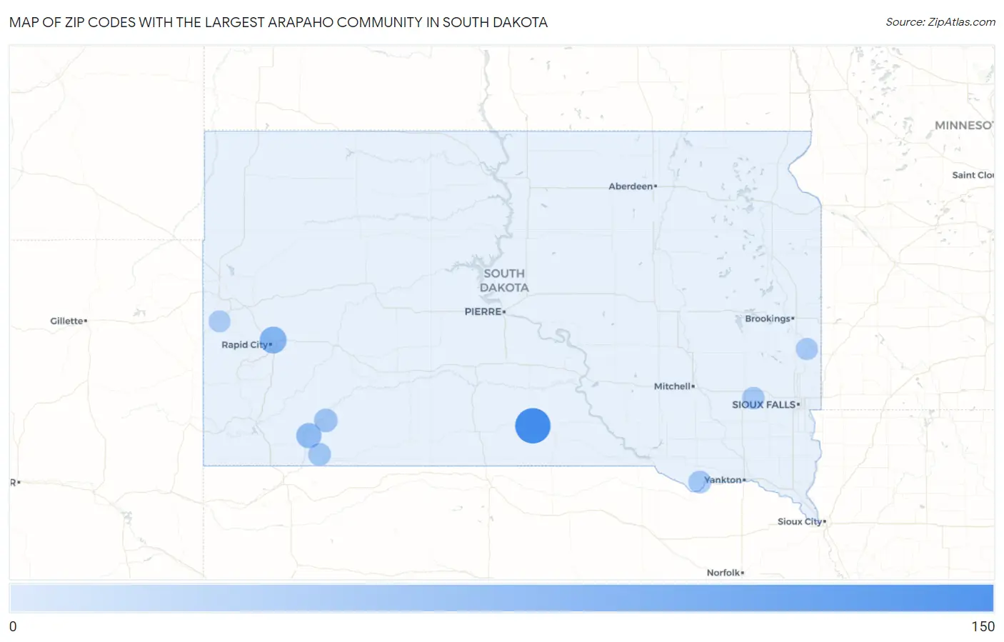 Zip Codes with the Largest Arapaho Community in South Dakota Map