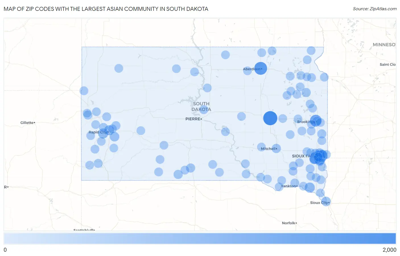 Zip Codes with the Largest Asian Community in South Dakota Map