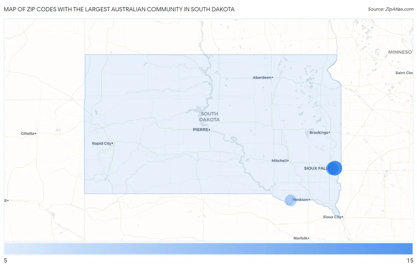 Zip Codes with the Largest Australian Community in South Dakota Map