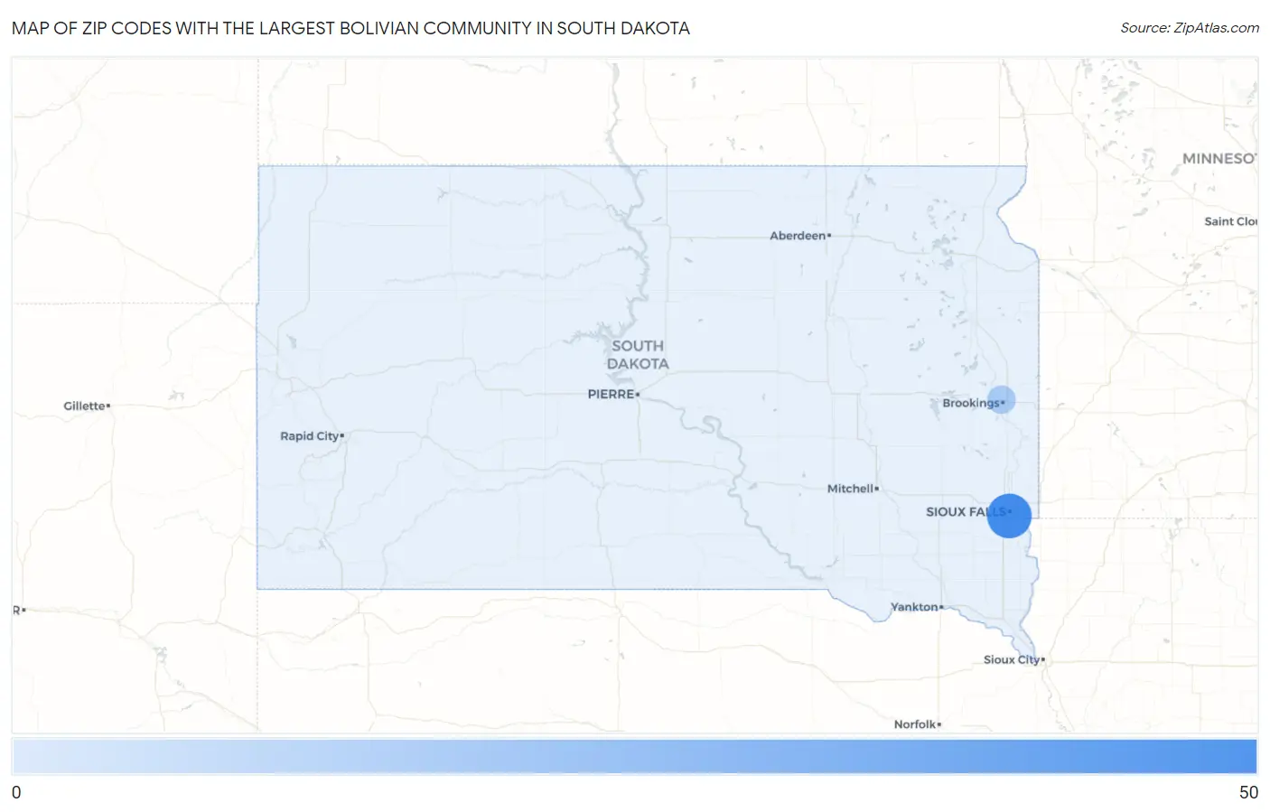 Zip Codes with the Largest Bolivian Community in South Dakota Map