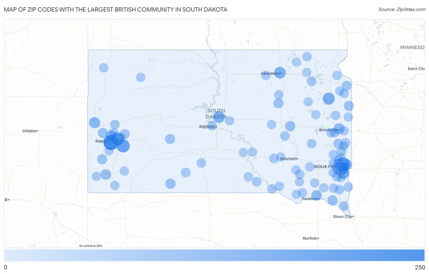 Zip Codes with the Largest British Community in South Dakota Map