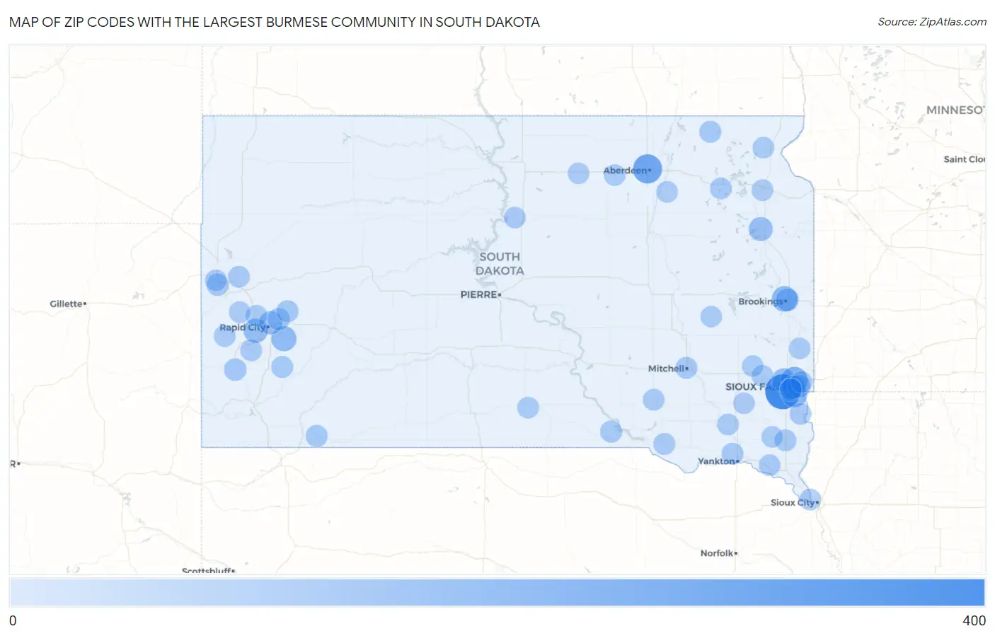Zip Codes with the Largest Burmese Community in South Dakota Map