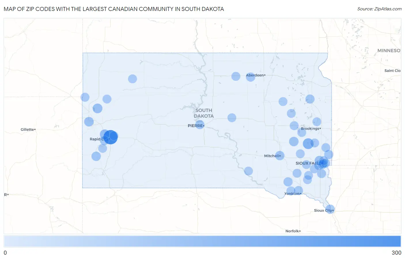 Zip Codes with the Largest Canadian Community in South Dakota Map