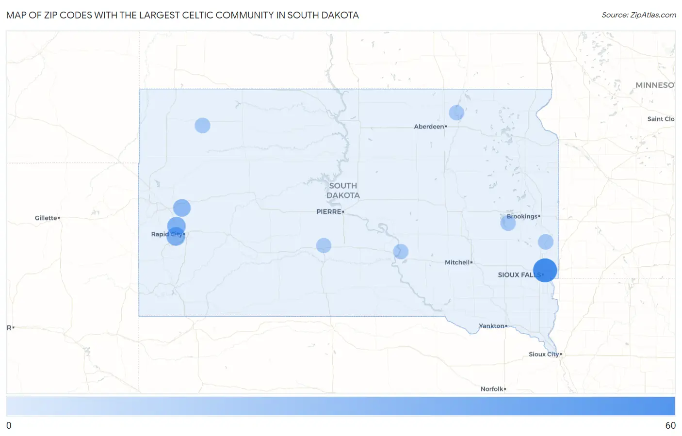Zip Codes with the Largest Celtic Community in South Dakota Map