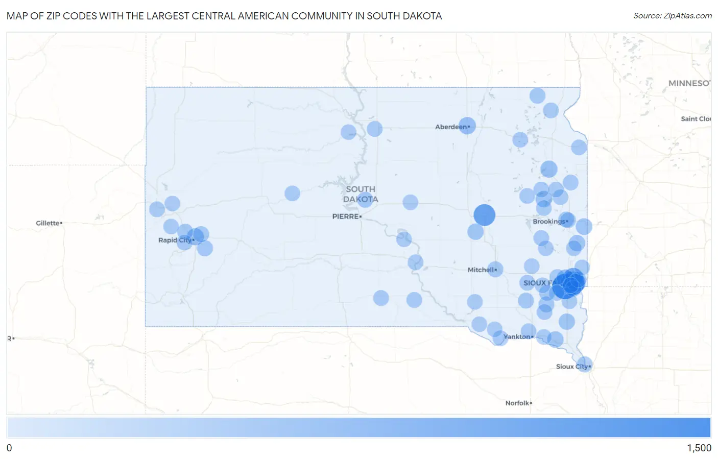 Zip Codes with the Largest Central American Community in South Dakota Map