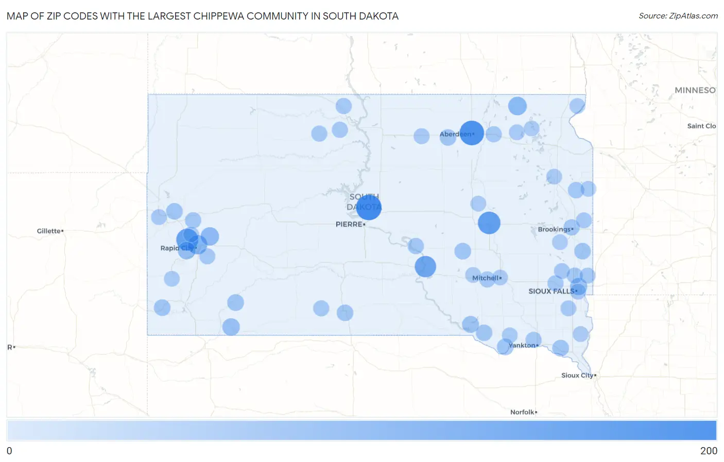 Zip Codes with the Largest Chippewa Community in South Dakota Map