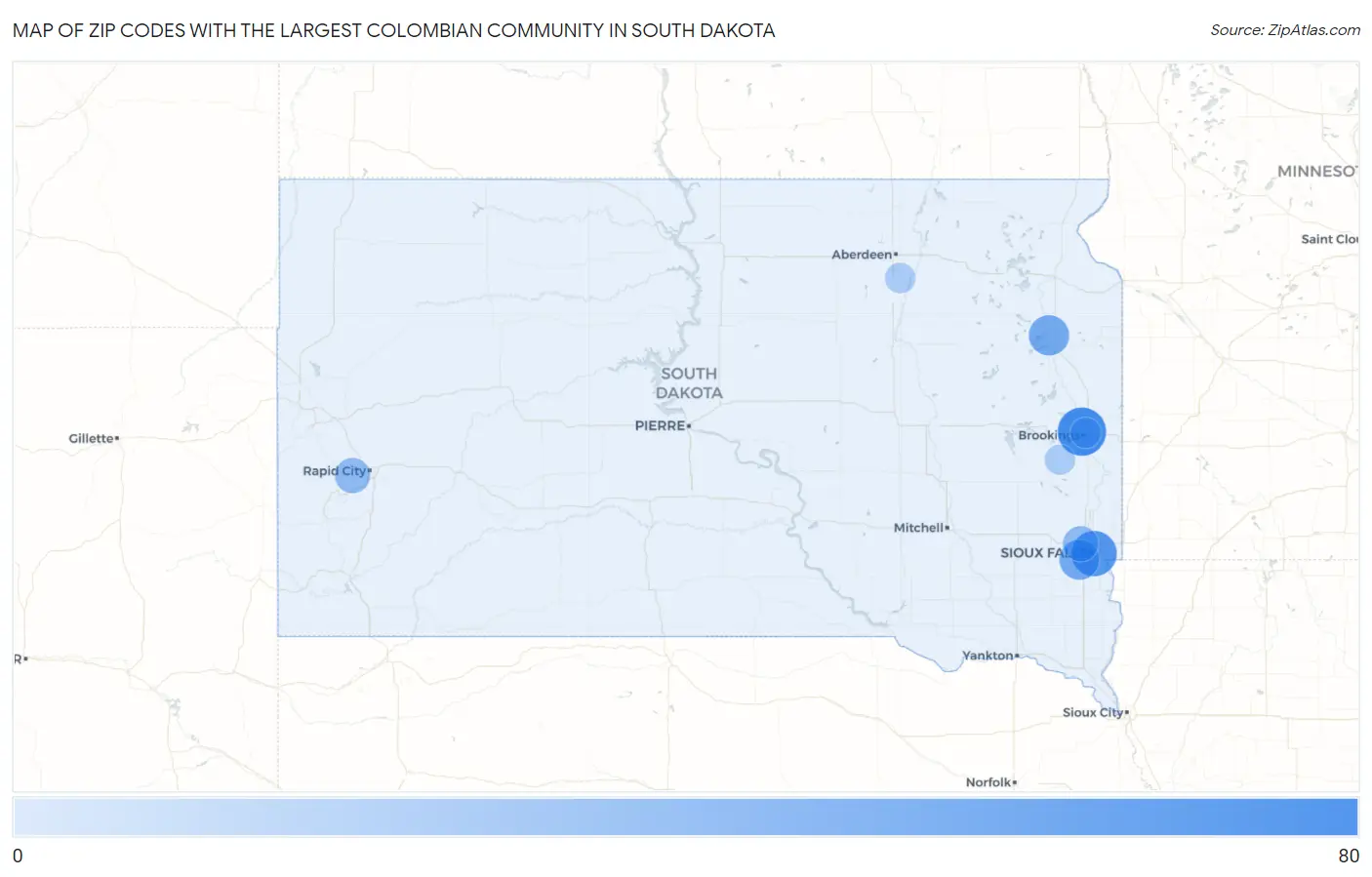 Zip Codes with the Largest Colombian Community in South Dakota Map