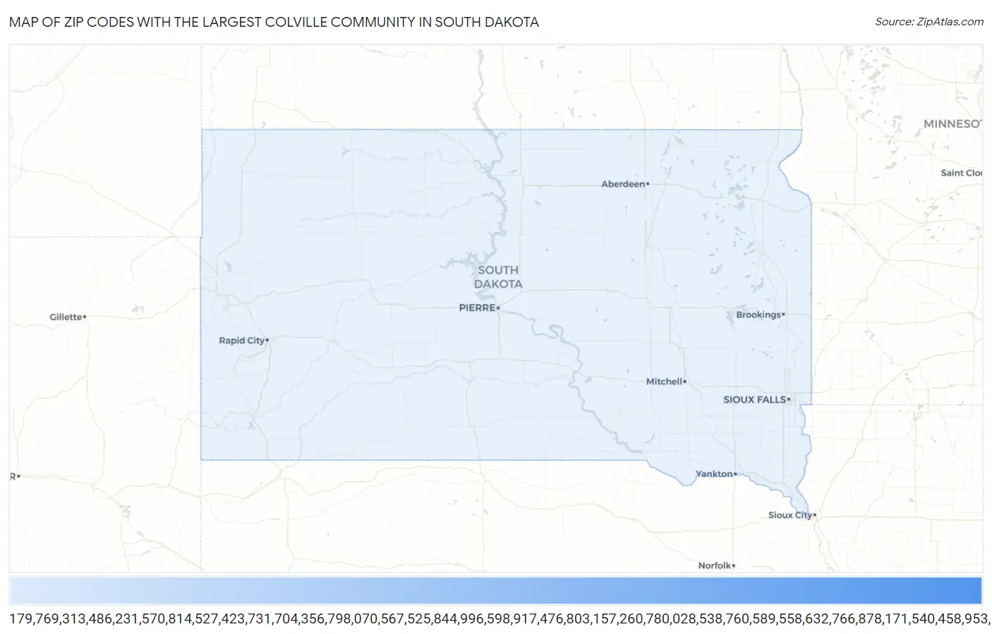 Zip Codes with the Largest Colville Community in South Dakota Map