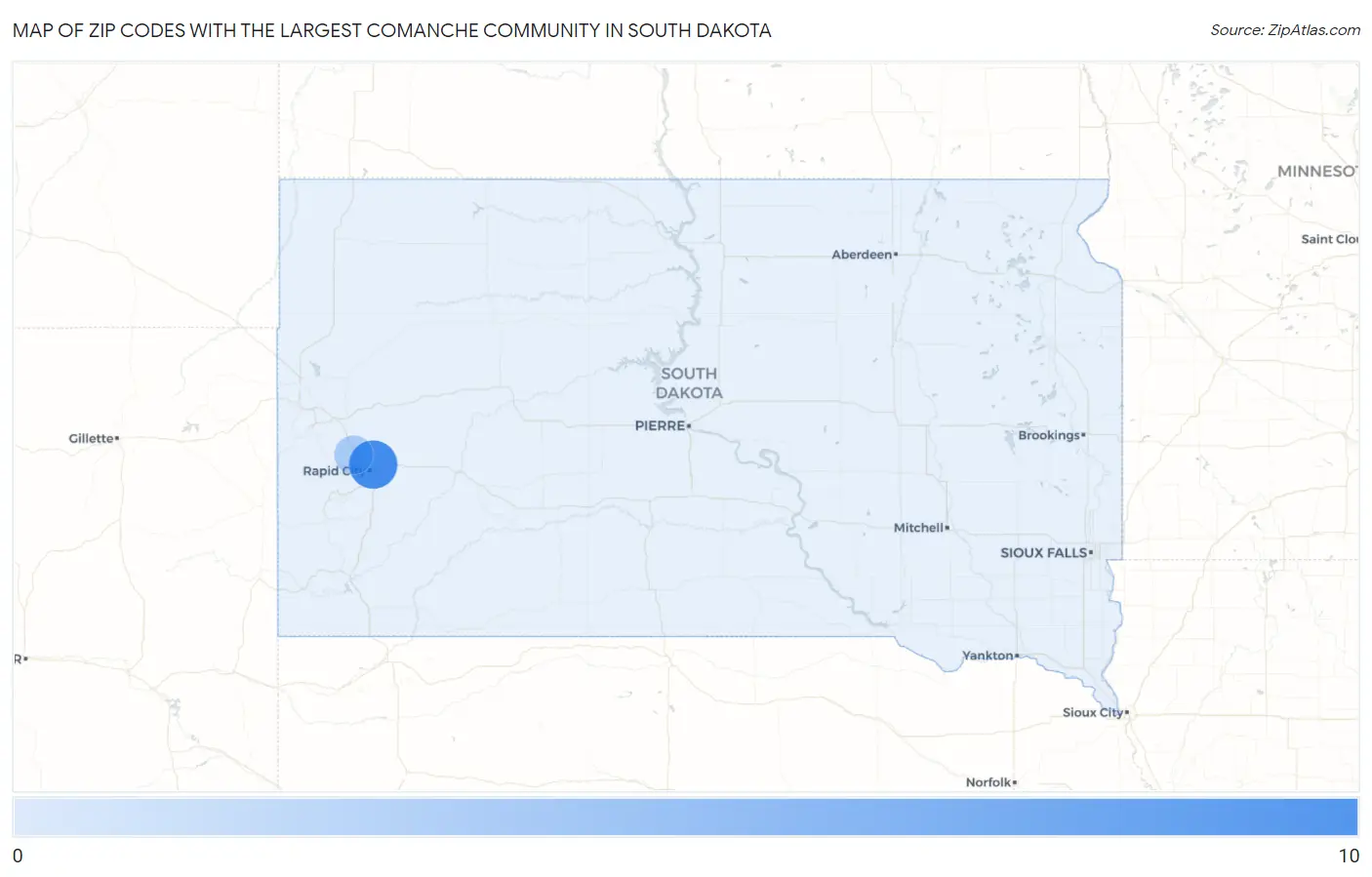 Zip Codes with the Largest Comanche Community in South Dakota Map