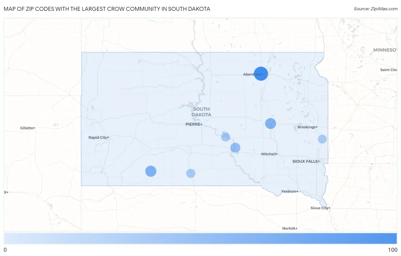 Zip Codes with the Largest Crow Community in South Dakota Map