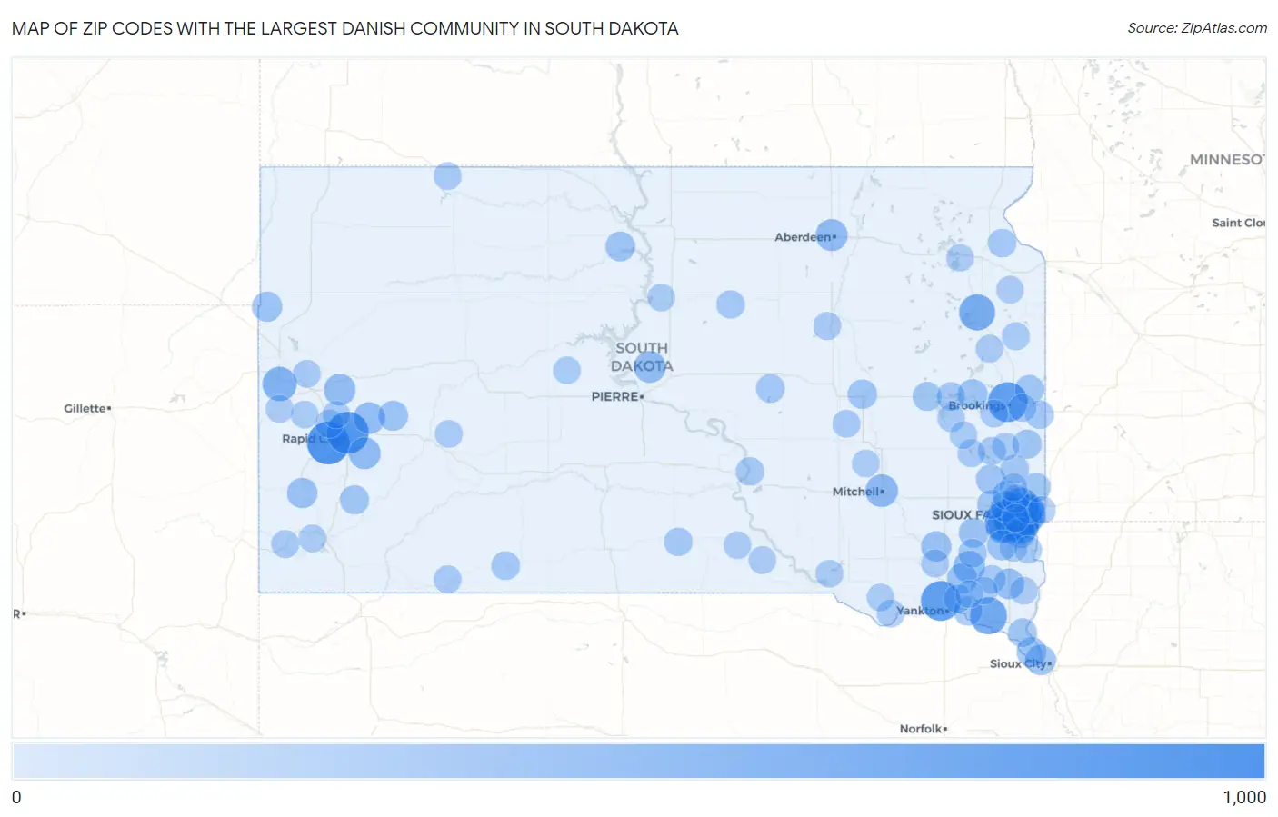 Zip Codes with the Largest Danish Community in South Dakota Map