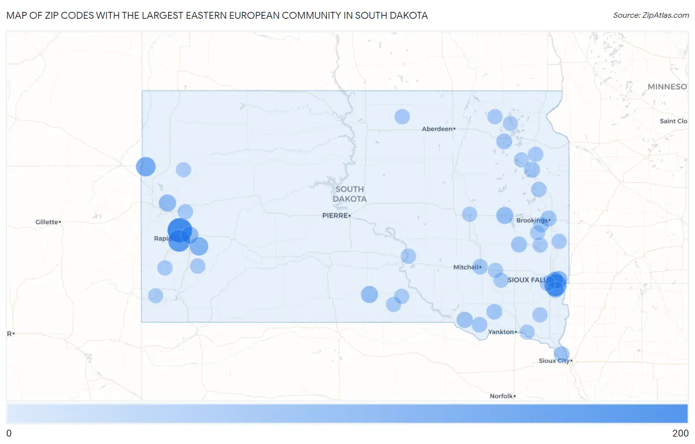 Zip Codes with the Largest Eastern European Community in South Dakota Map