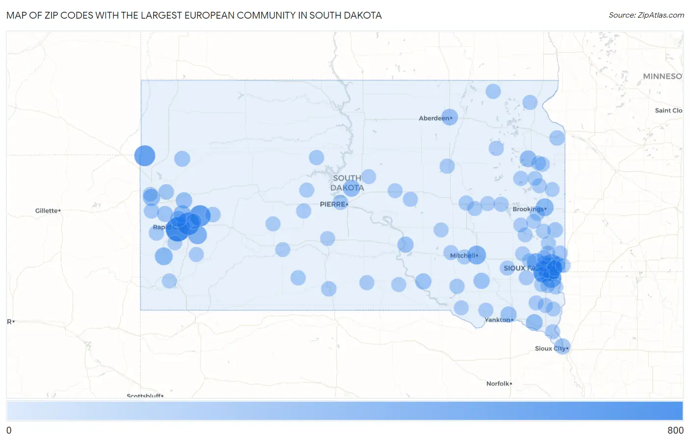 Zip Codes with the Largest European Community in South Dakota Map