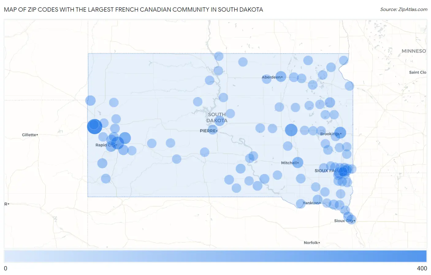 Zip Codes with the Largest French Canadian Community in South Dakota Map