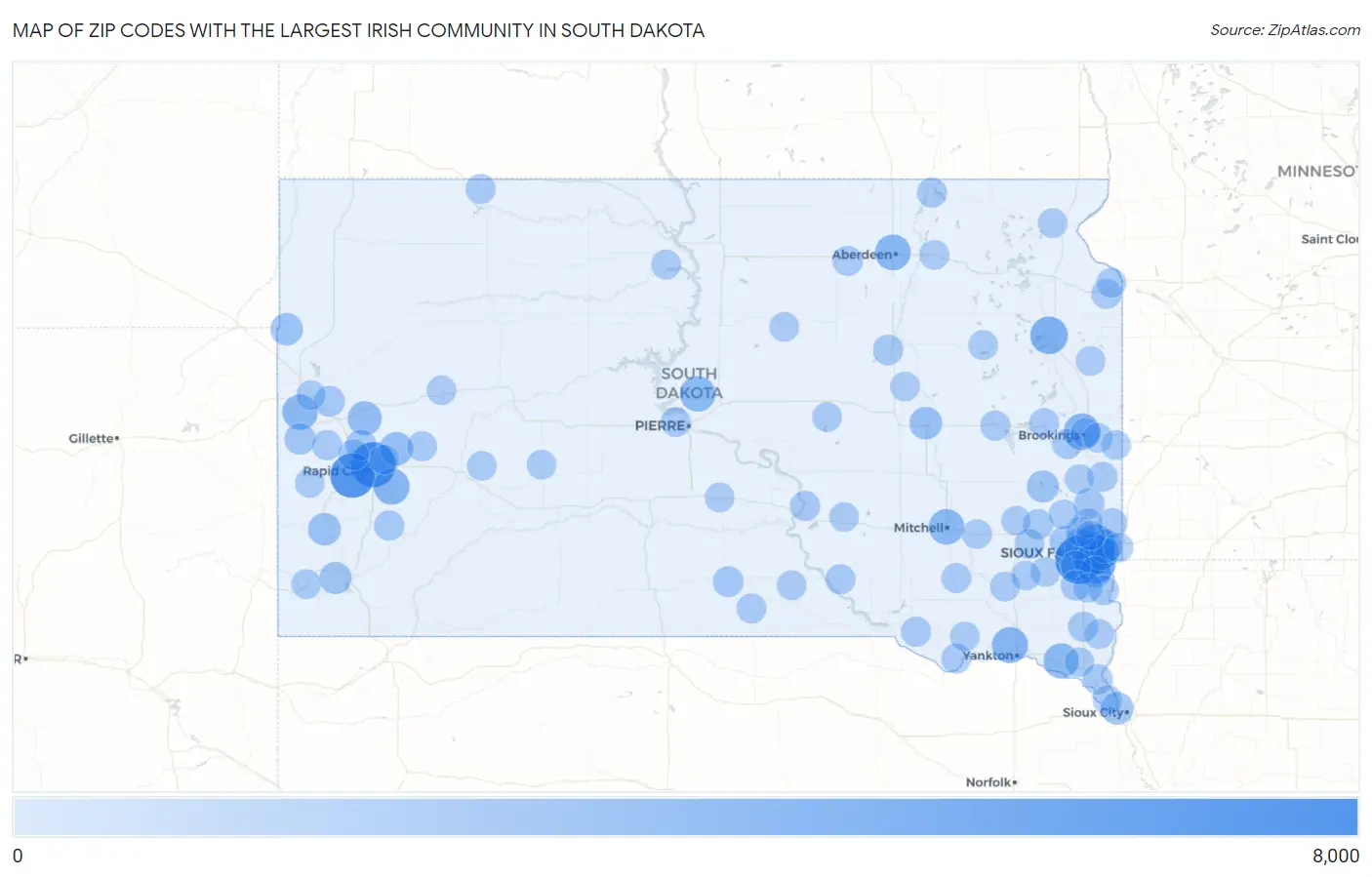 Zip Codes with the Largest Irish Community in South Dakota Map