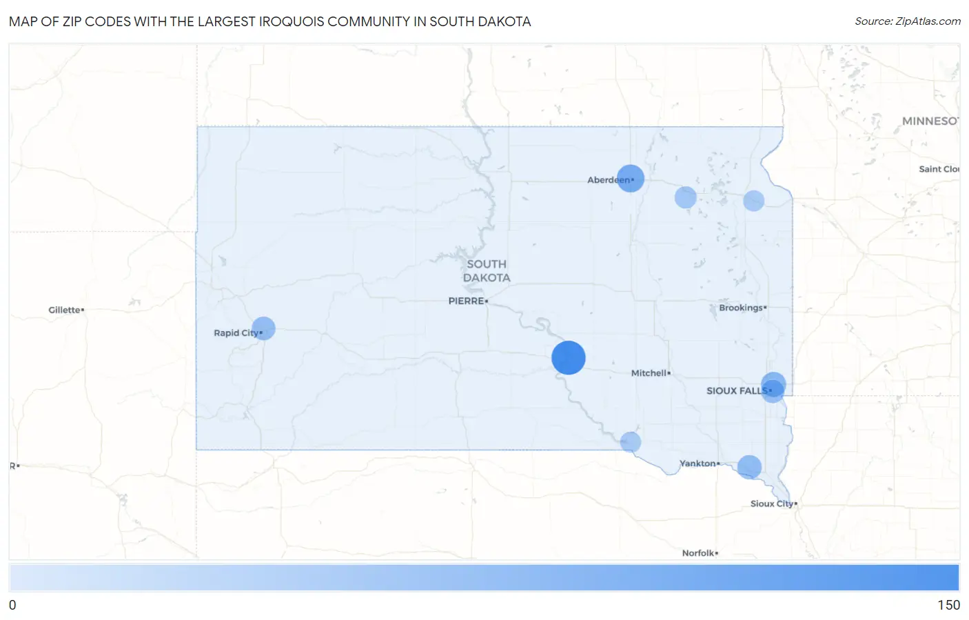 Zip Codes with the Largest Iroquois Community in South Dakota Map
