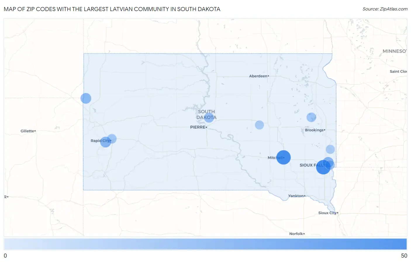 Zip Codes with the Largest Latvian Community in South Dakota Map