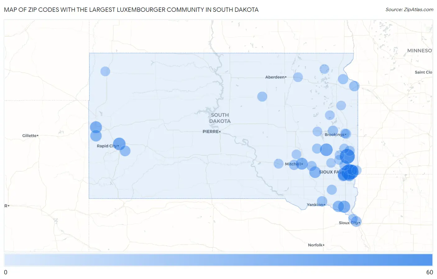 Zip Codes with the Largest Luxembourger Community in South Dakota Map