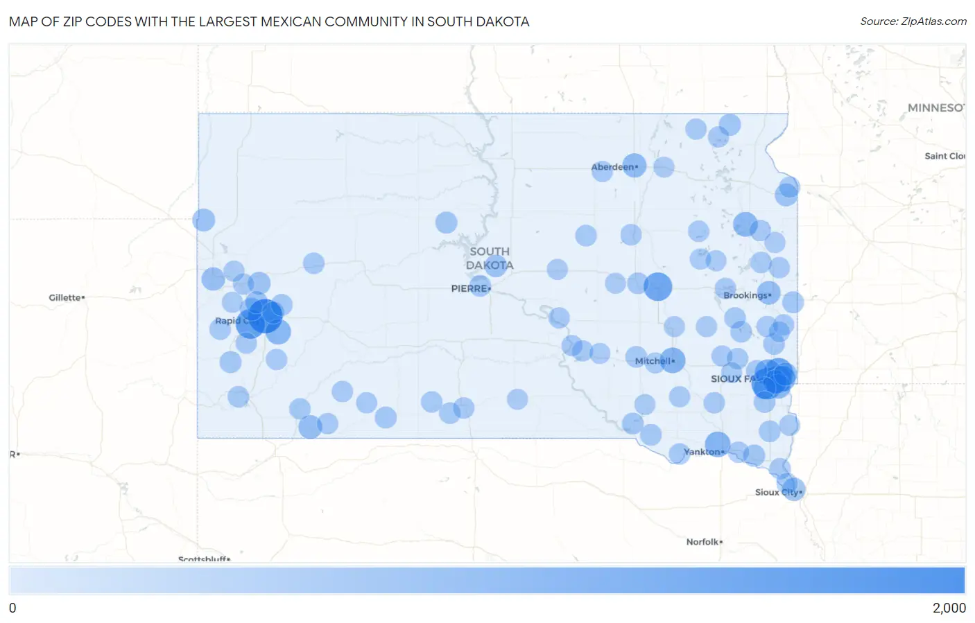 Zip Codes with the Largest Mexican Community in South Dakota Map