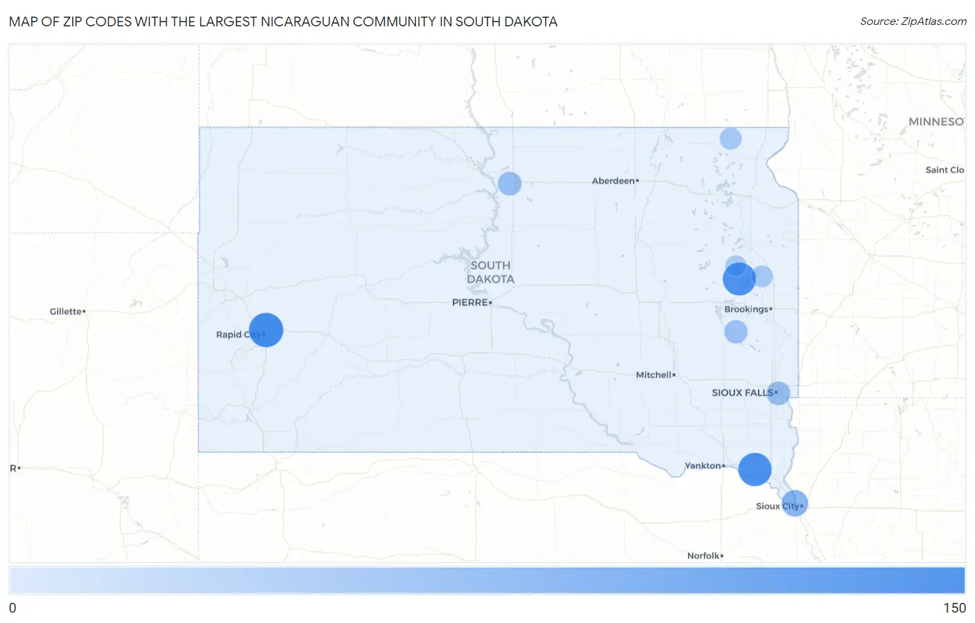 Zip Codes with the Largest Nicaraguan Community in South Dakota Map