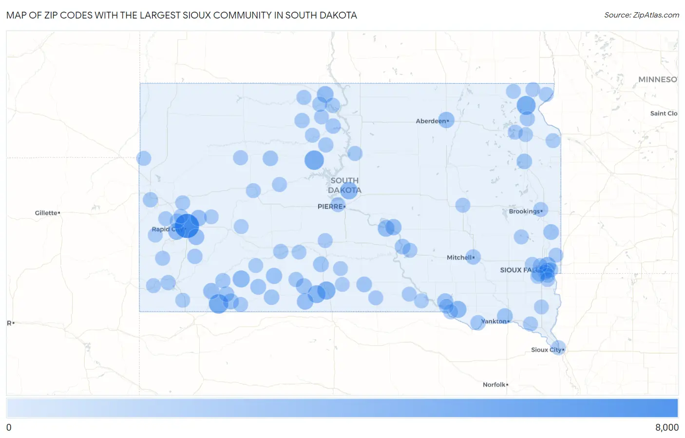 Zip Codes with the Largest Sioux Community in South Dakota Map