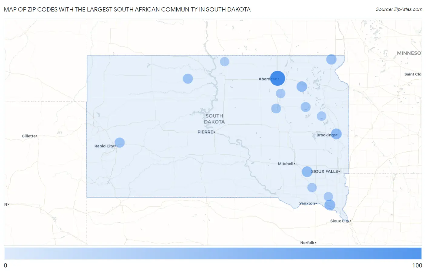 Zip Codes with the Largest South African Community in South Dakota Map