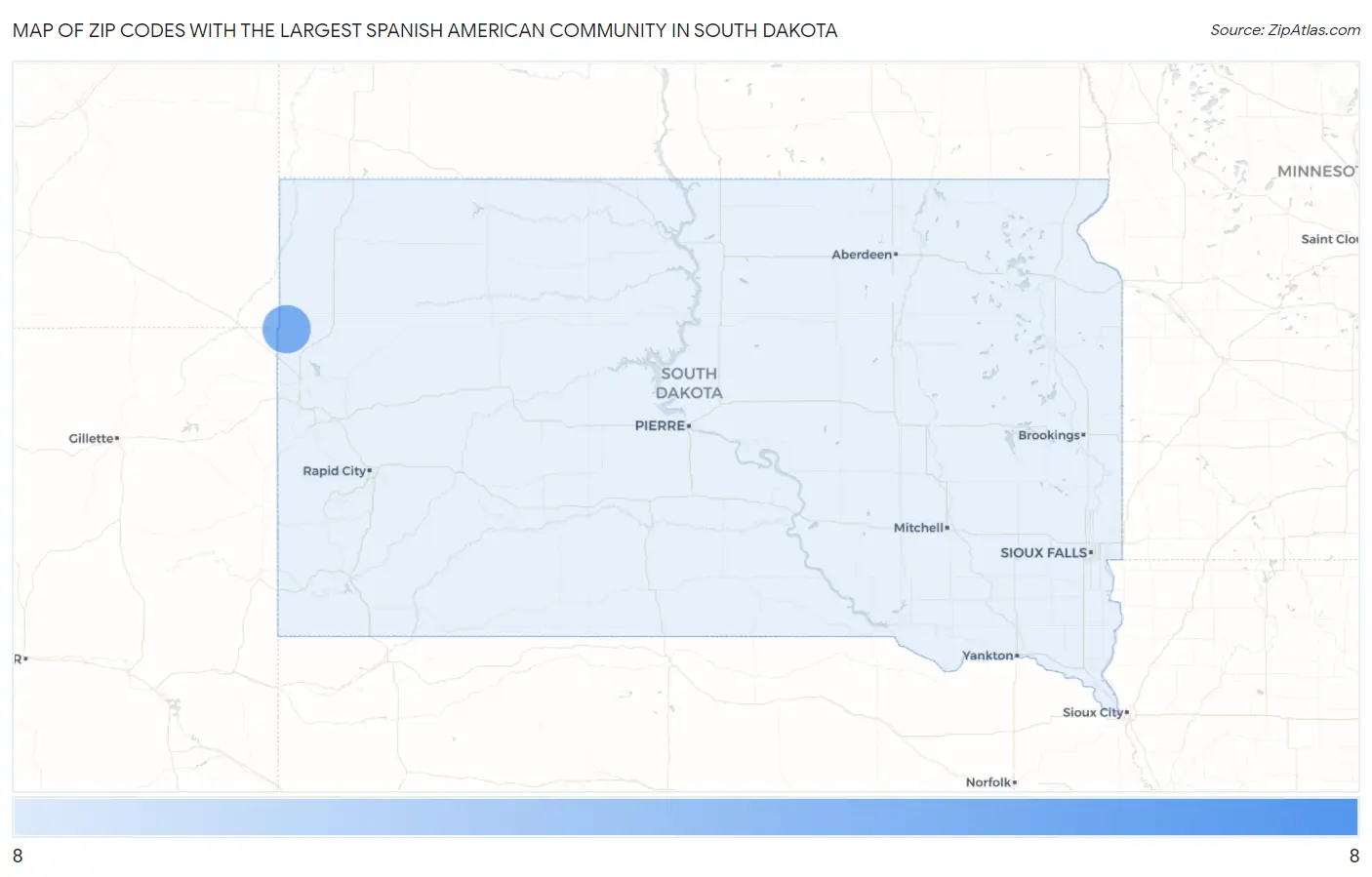 Zip Codes with the Largest Spanish American Community in South Dakota Map