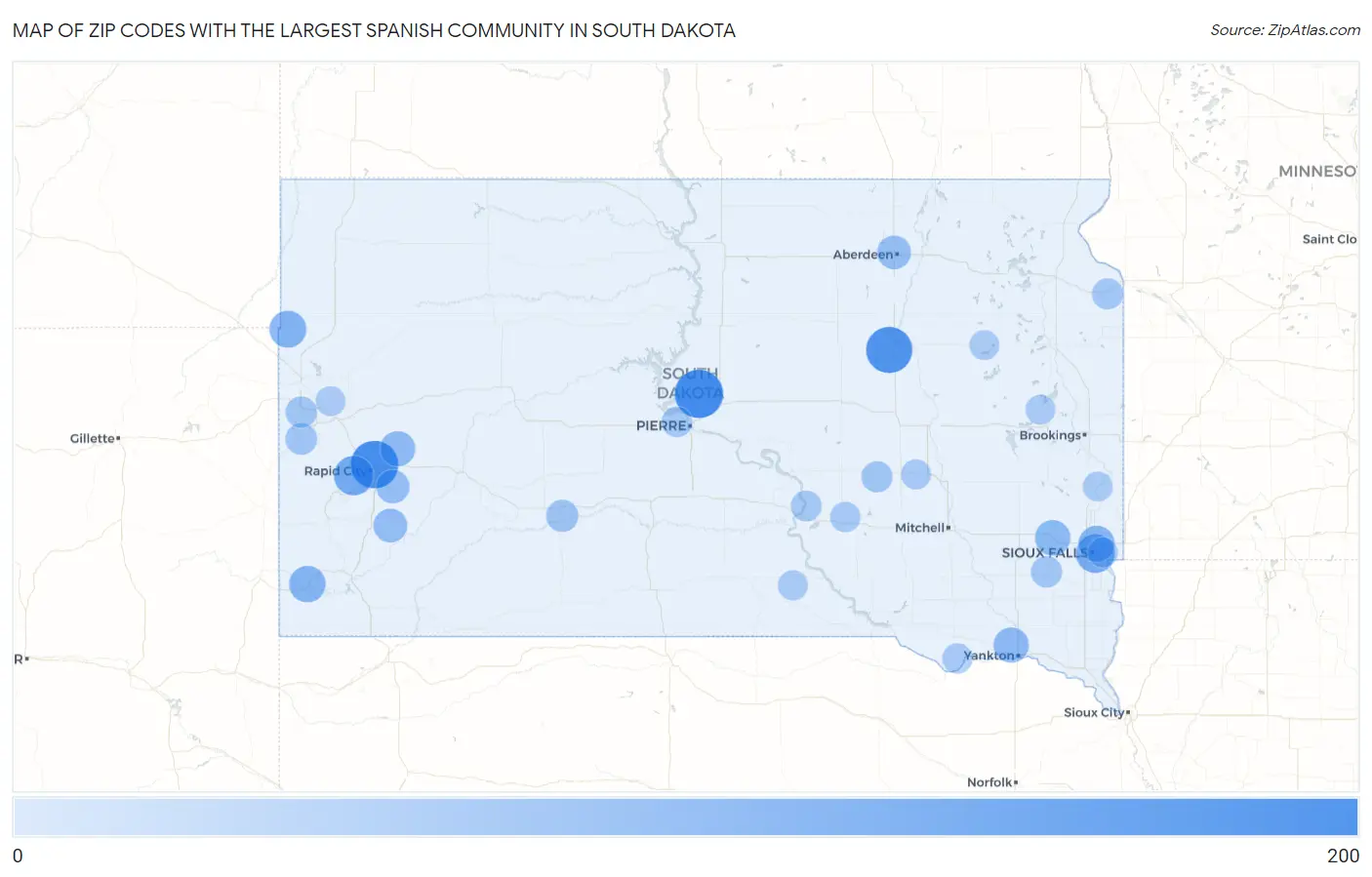 Zip Codes with the Largest Spanish Community in South Dakota Map