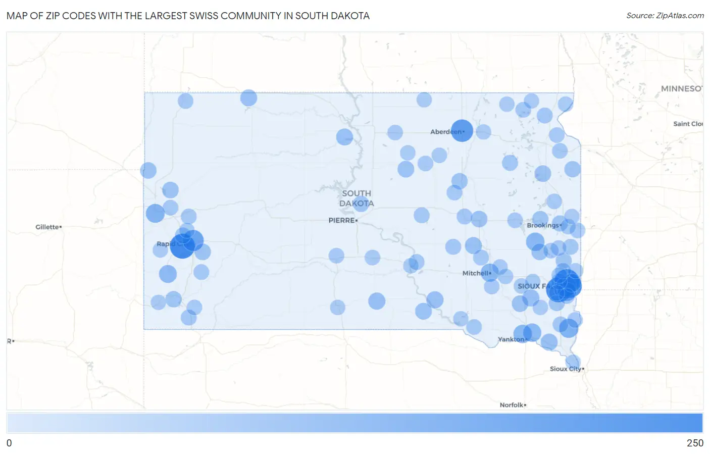Zip Codes with the Largest Swiss Community in South Dakota Map