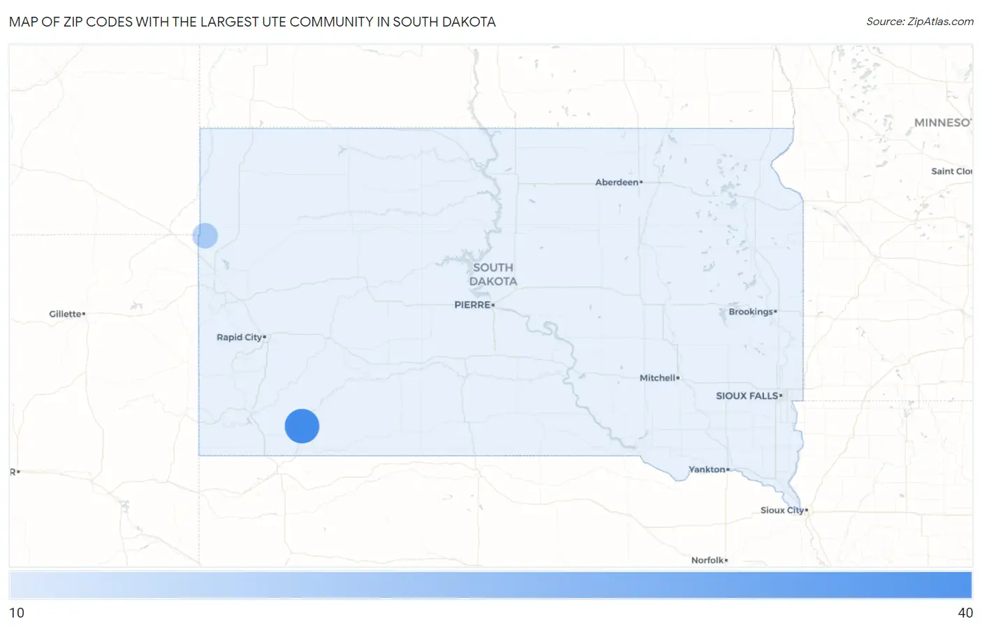 Zip Codes with the Largest Ute Community in South Dakota Map