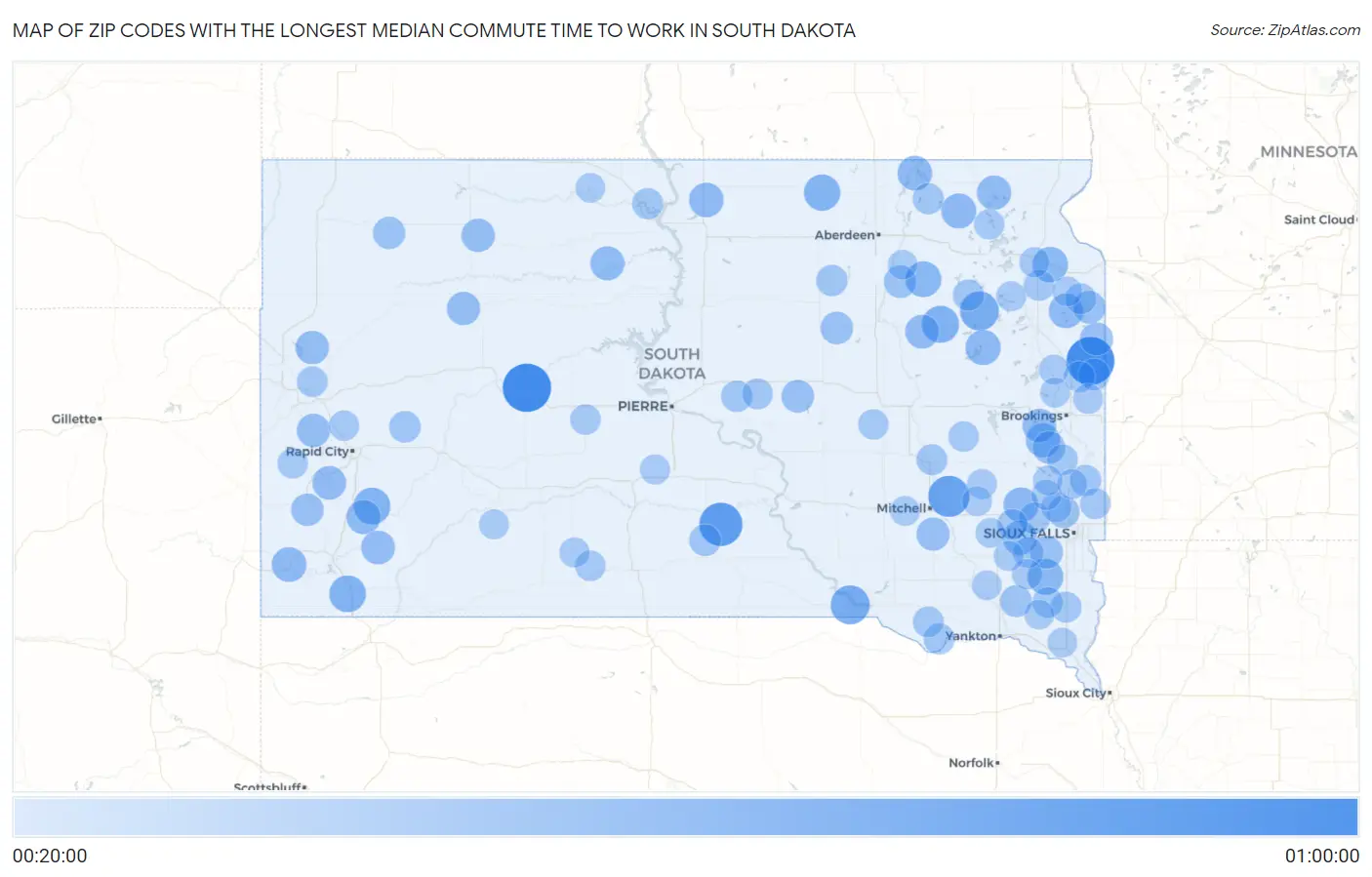 Zip Codes with the Longest Median Commute Time to Work in South Dakota Map